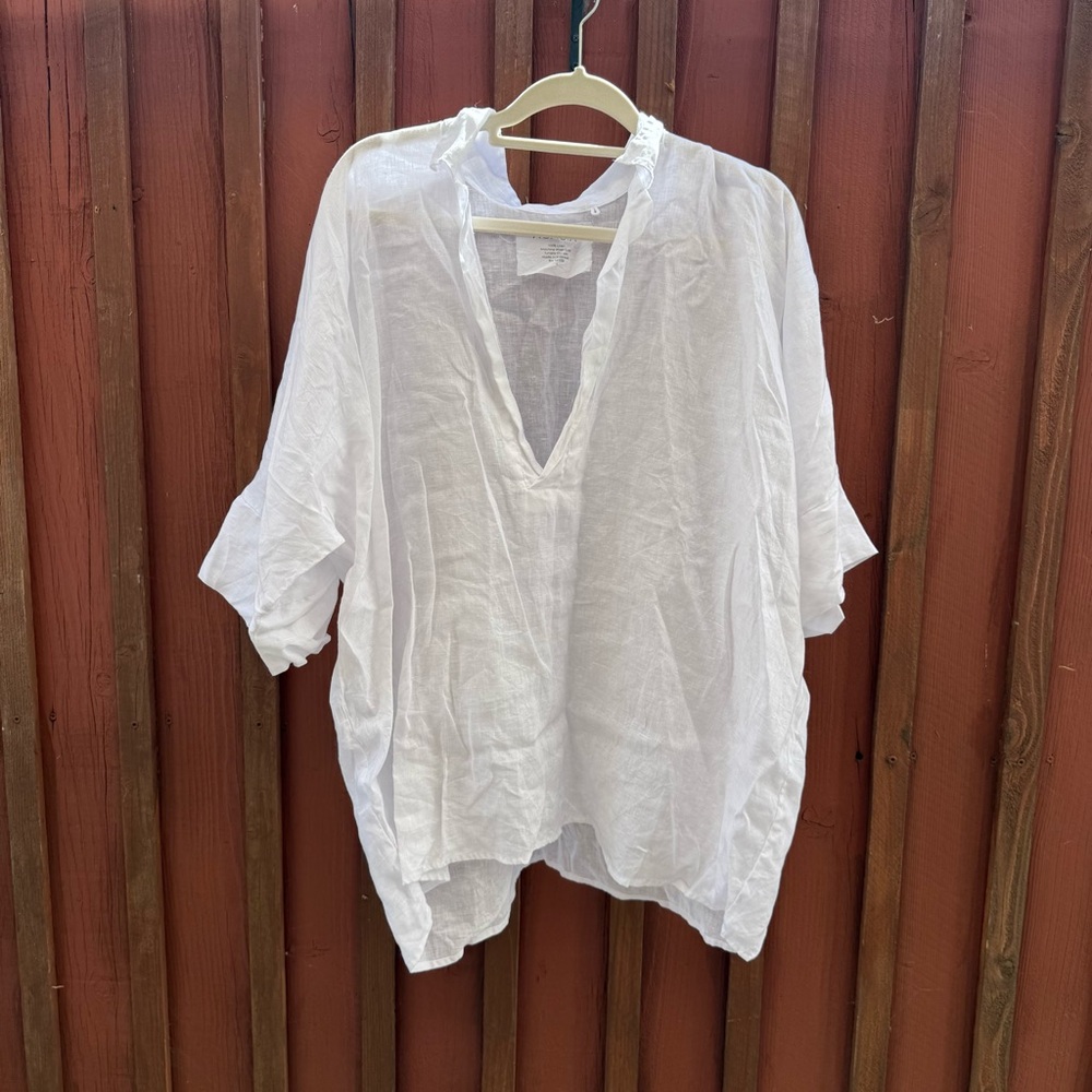 Acacia White Linen V Neck Beach Swim Cover Up Pullover Shirt Size Large Women